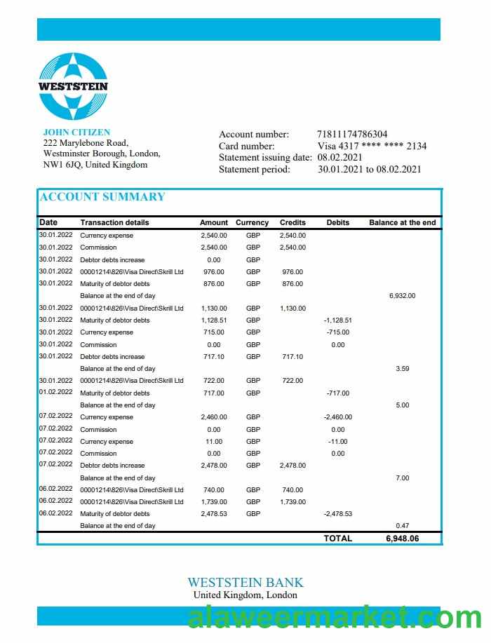 United Kingdom Weststein Bank excel